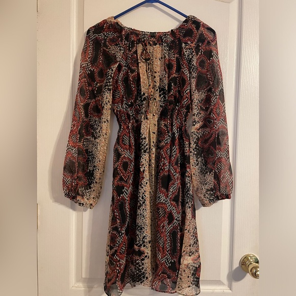 NWT Three Eighty Two Smocked Waist Aztec Mini Dress‎ W/Slip Dress Sheer Sleeve S - Picture 1 of 8
